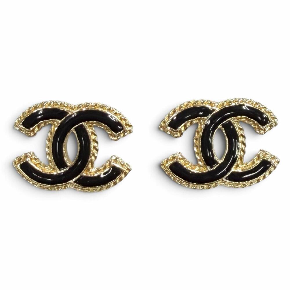 CHANEL F24P Coco Mark Metal Earrings, Gold & Black, Made in France, Women's